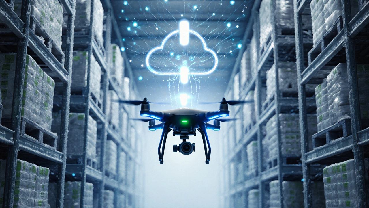 A drone scans shelves in a cold-storage warehouse lined with glowing IoT sensors.