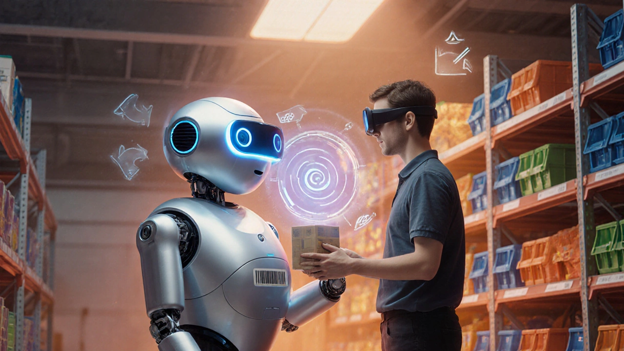 A human worker wearing AR glasses collaborates with a cobot at a picking station.