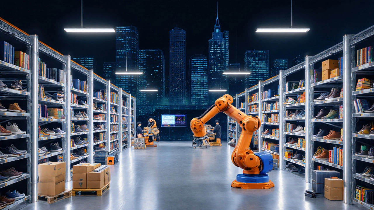 A modern fulfillment center with workers and robots picking individual items from shelves at night.
