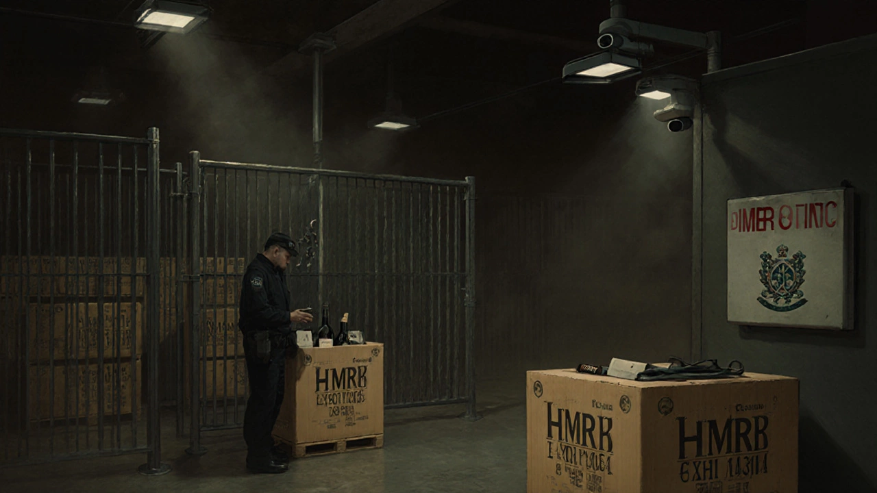 A secure bonded warehouse with customs officials inspecting imported crates under strict surveillance.