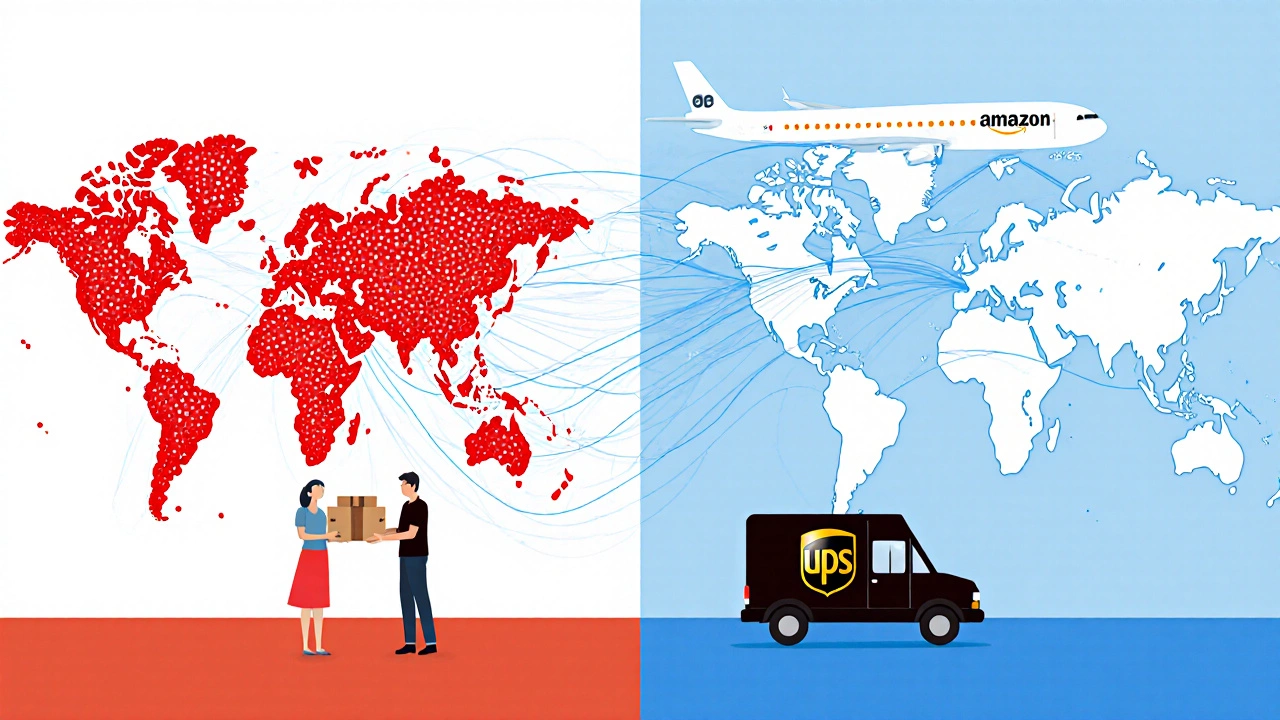 Amazon&#039;s local delivery network vs. UPS&#039;s global air routes in symbolic color-coded design.