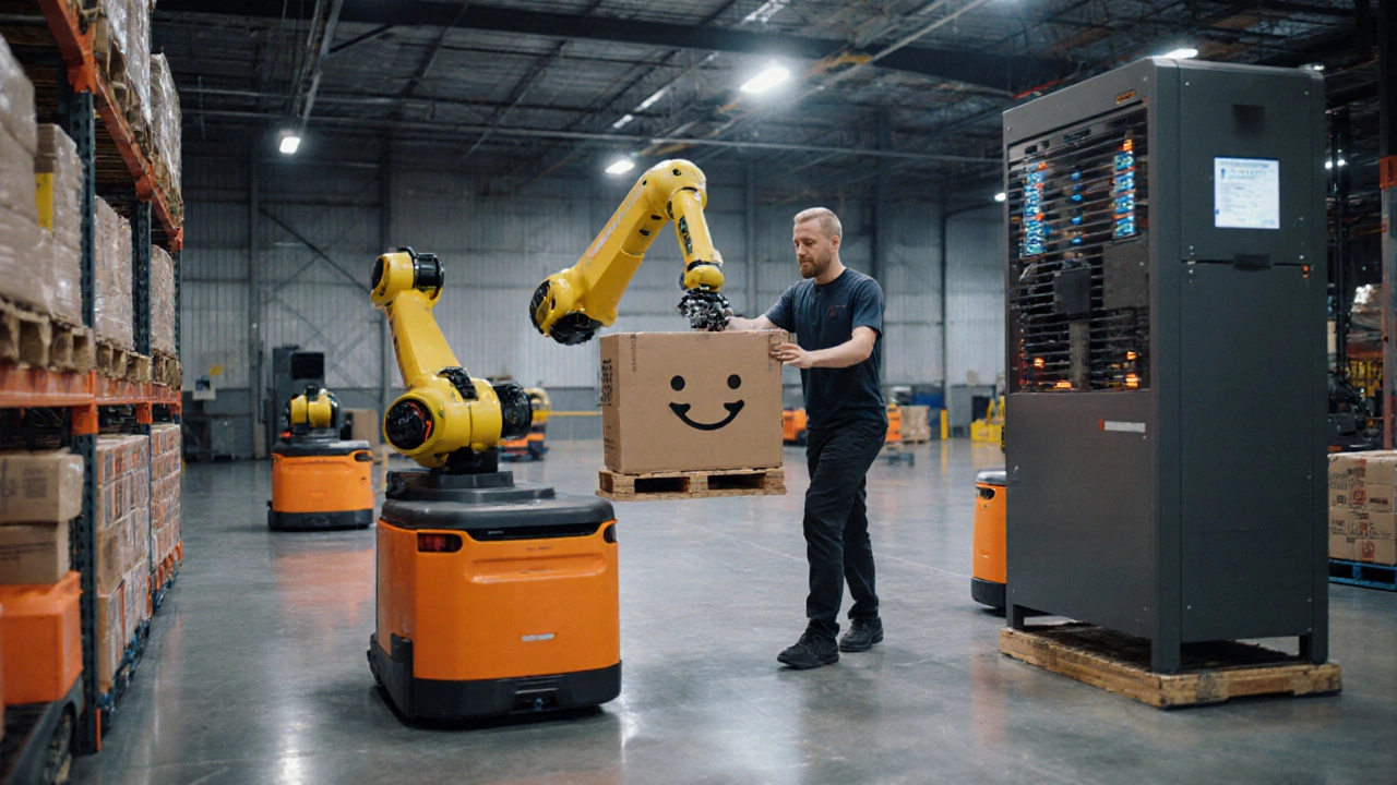 Autonomous robots moving shelves while a cobot assists a human worker.