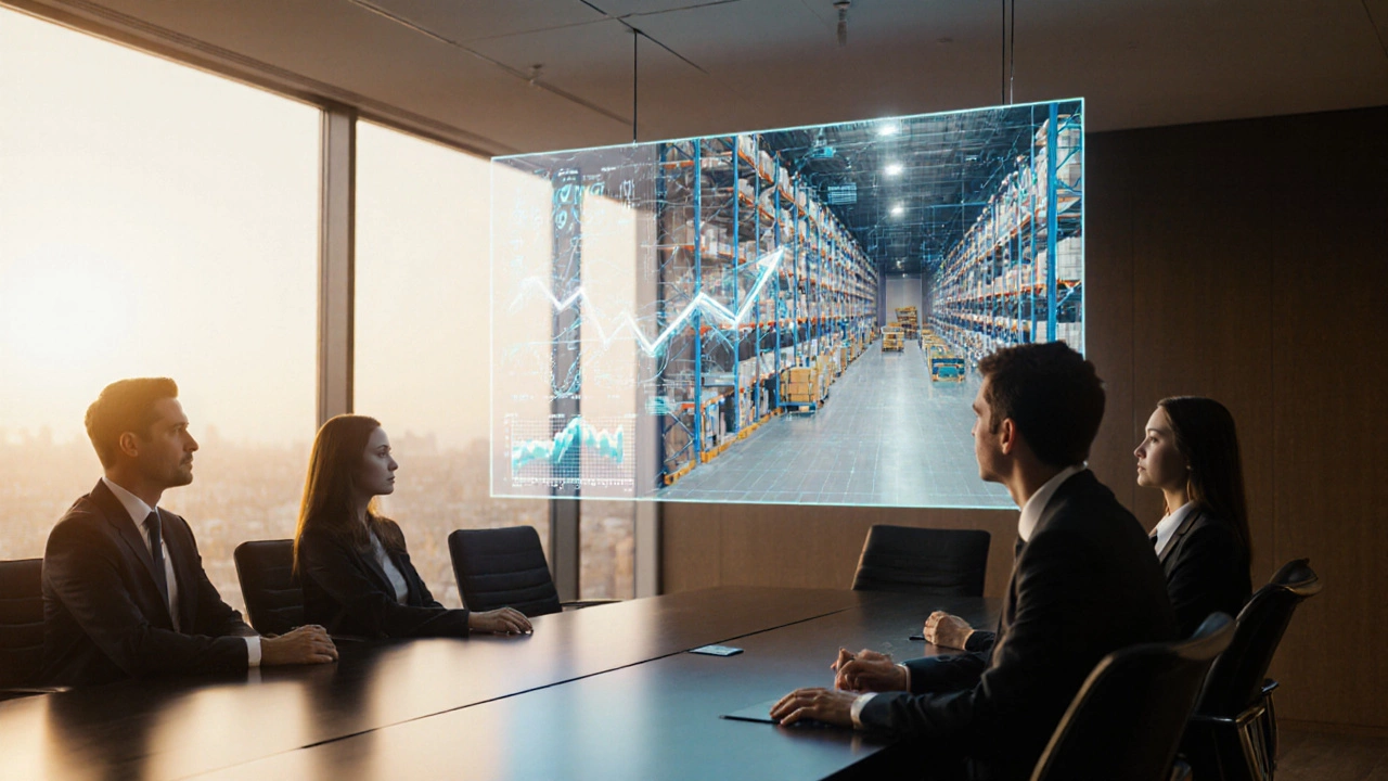Boardroom with executives reviewing a transparent display showing integrated ERP and warehouse data.