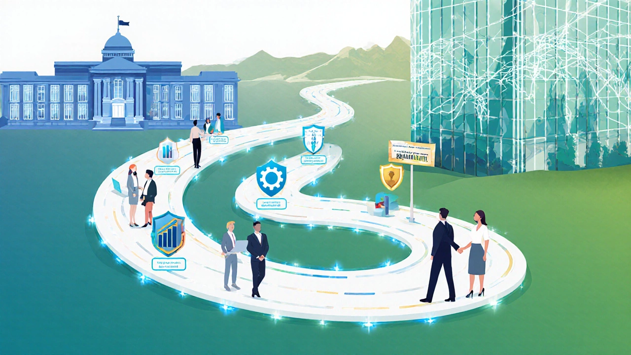 Career path illustration showing education, certifications, networking, and a logistics executive office.