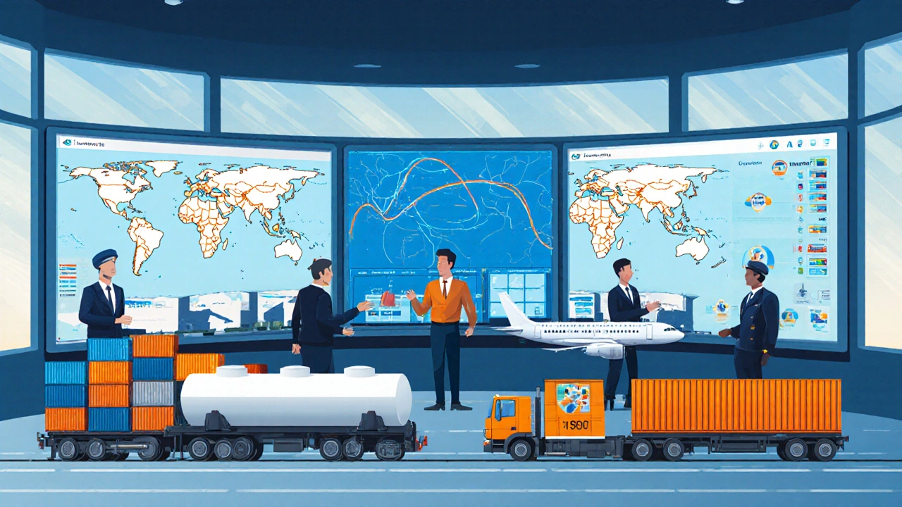 Control room with screens and diverse transport modes illustrating transportation logistics.