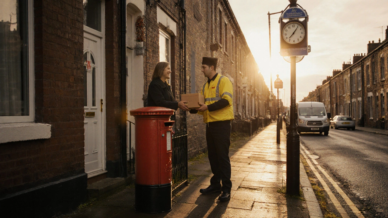 DHL courier delivering a package to a homeowner at 9:12 AM.