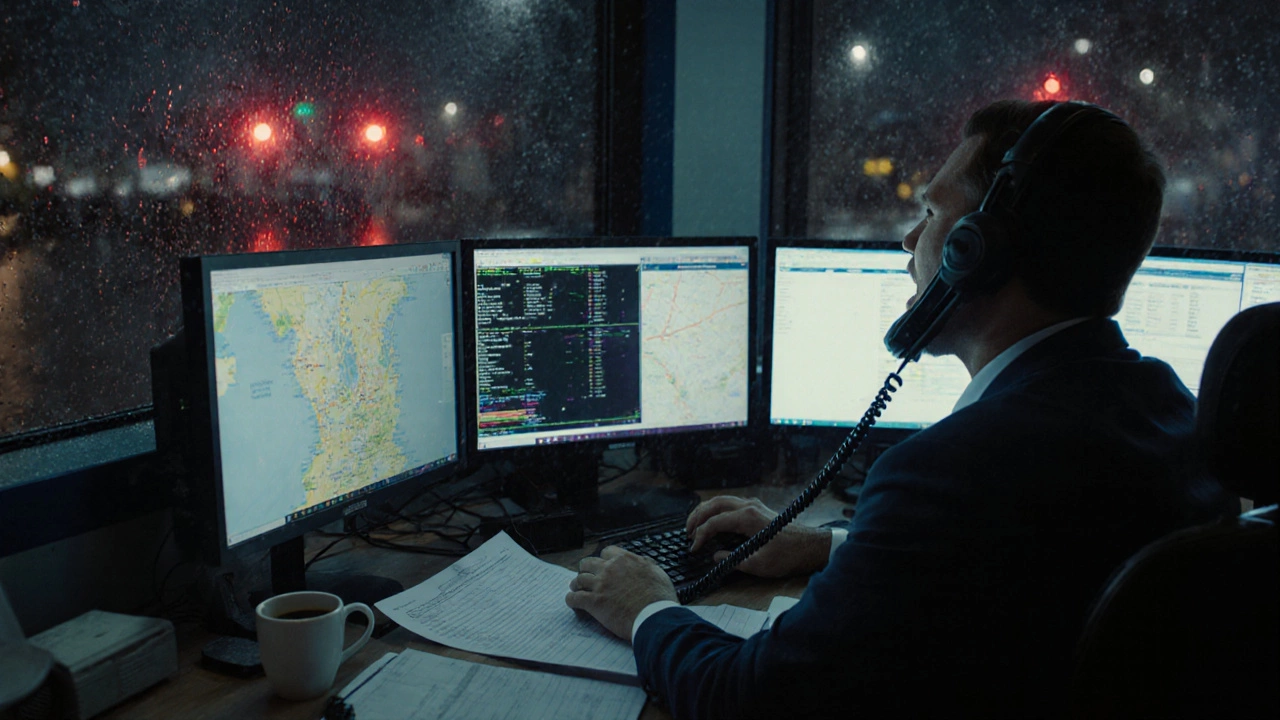 Dispatcher surrounded by glowing screens and stormy windows, managing dozens of delayed deliveries.