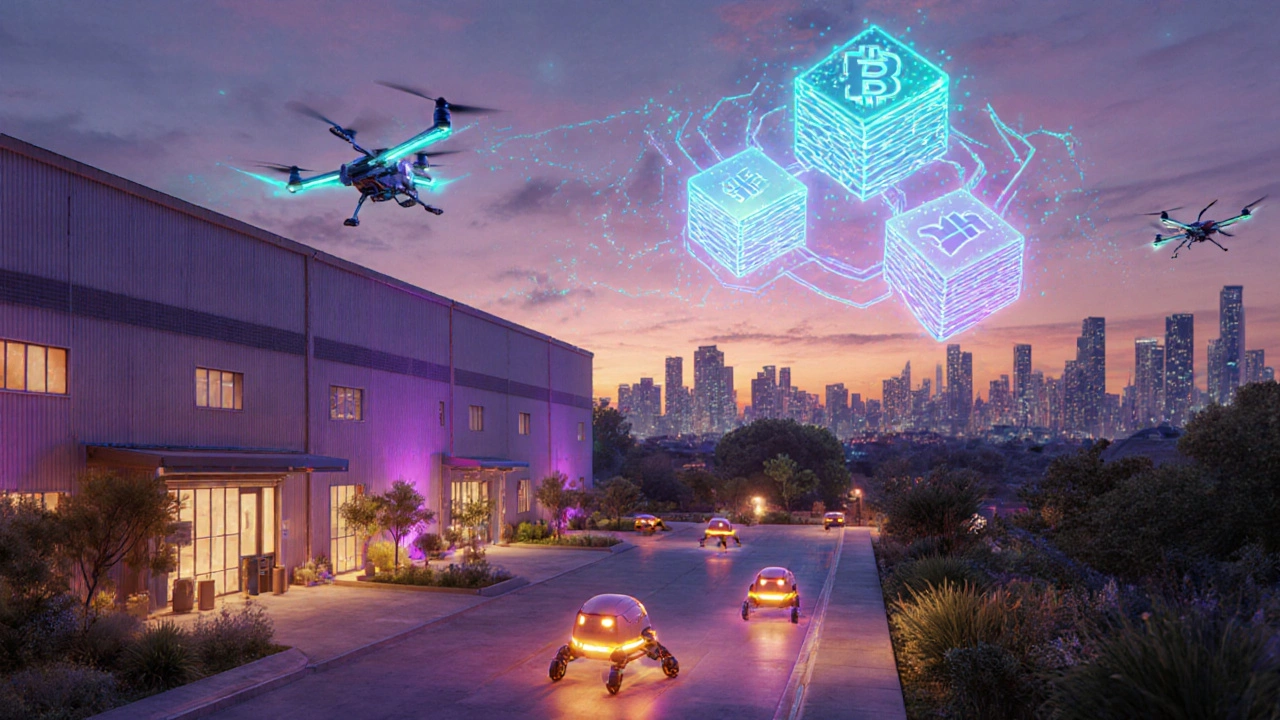 Drones, IoT sensors, AI and blockchain symbols representing future e‑logistics.