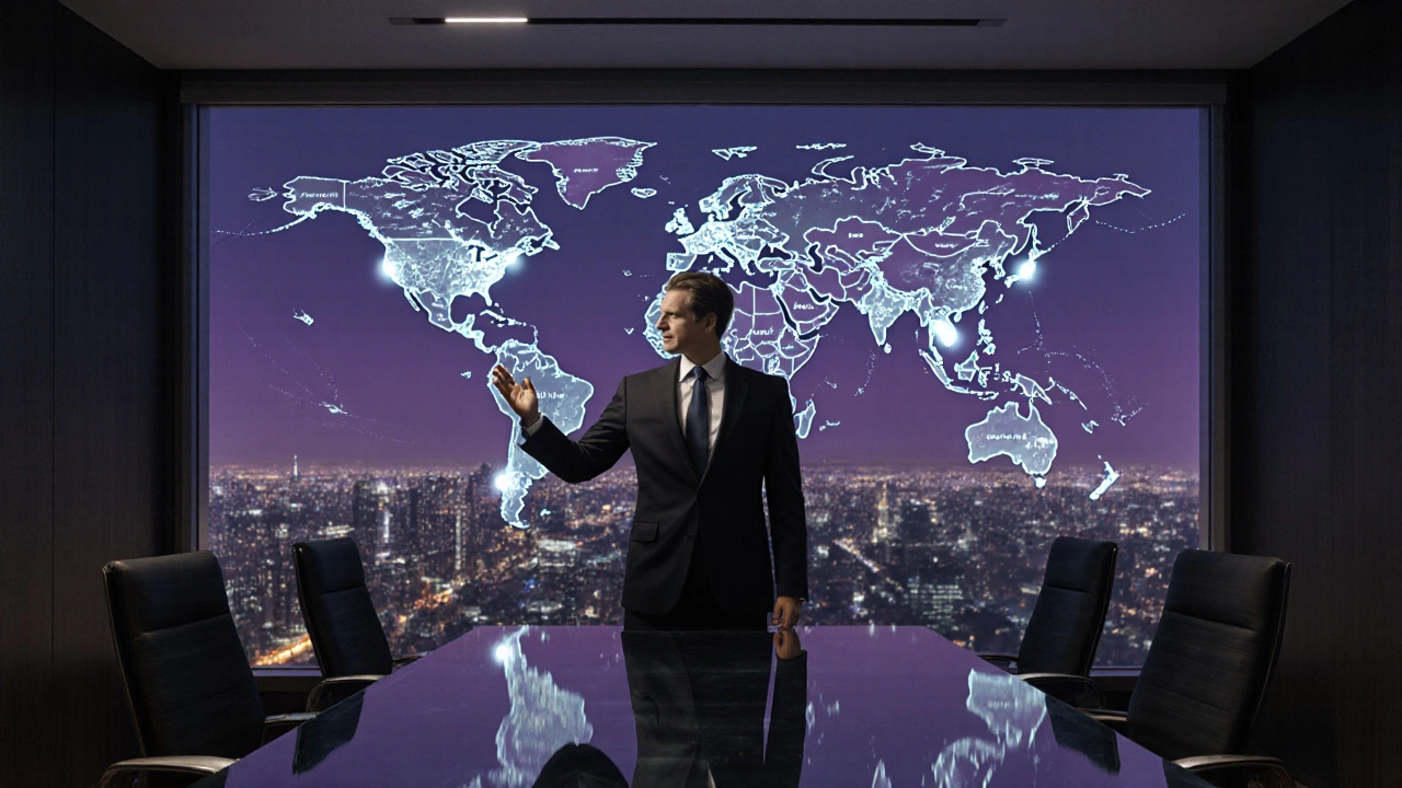 Executive boardroom with a chief supply chain officer presenting a holographic global supply map.