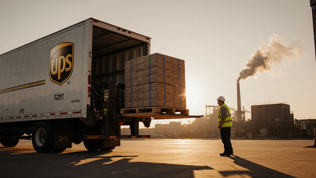 Freight truck being loaded with a heavy pallet crate at sunset on a loading dock.