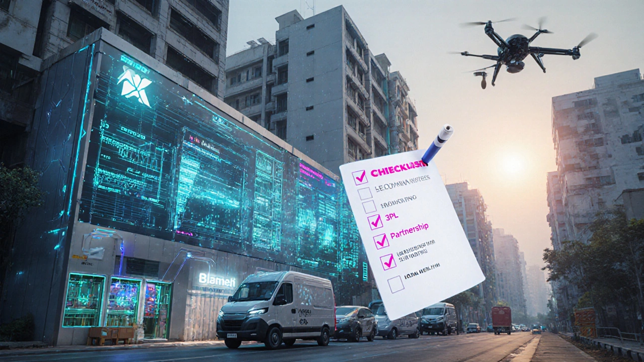 Futuristic hub with AI forecasting, electric vans and a logistics checklist.