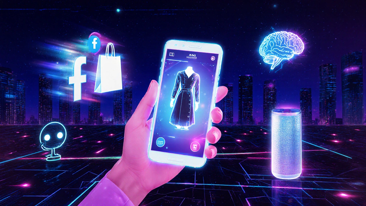 Futuristic scene of AR shopping on a phone, social shopping, AI, and voice assistant icons.