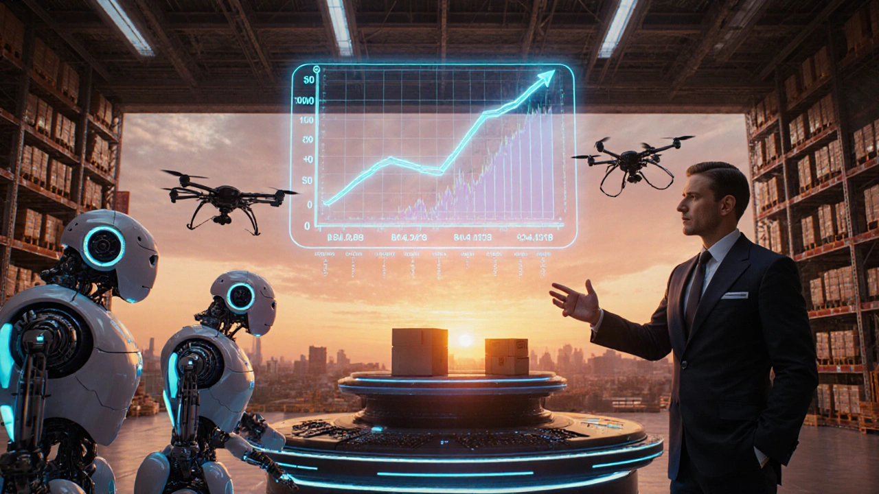 Futuristic warehouse with robots and holographic salary graphs.