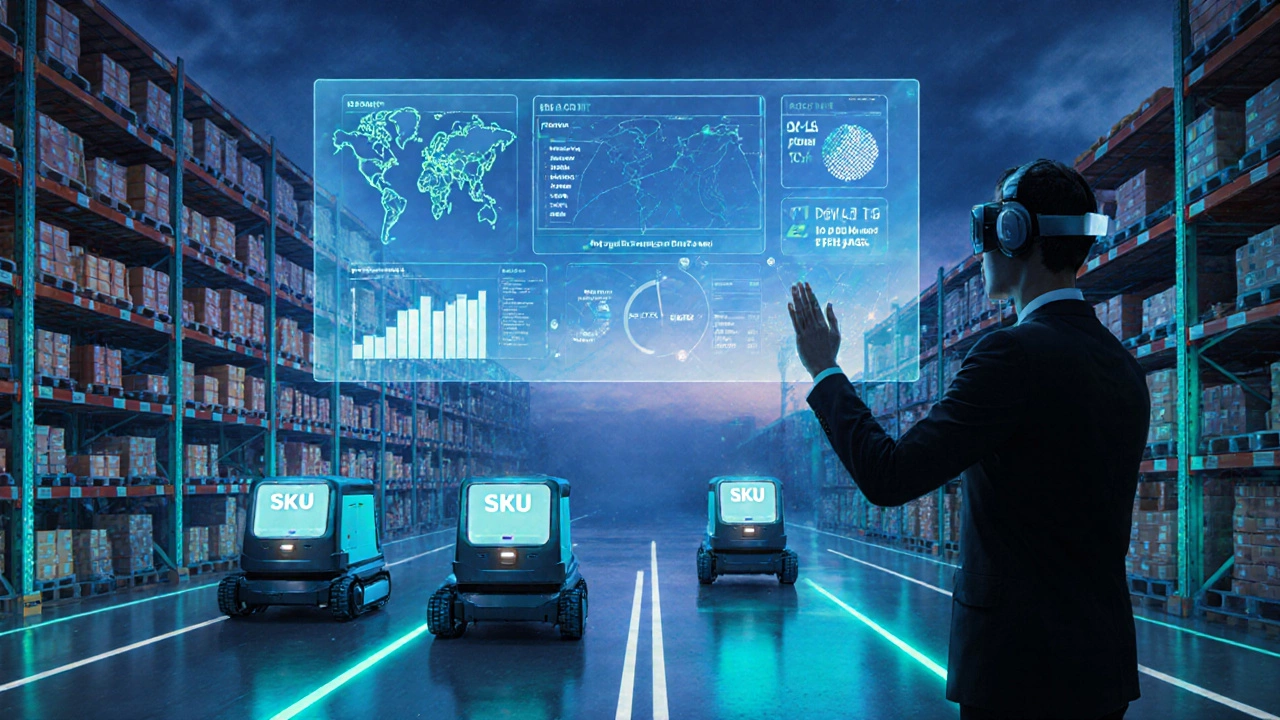 Futuristic warehouse with robots, holographic inventory displays, and AI-driven data overlays.