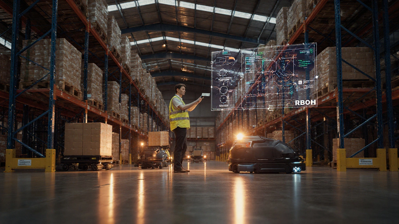 High‑tech warehouse with robots, pick‑to‑light system and holographic inventory interface.