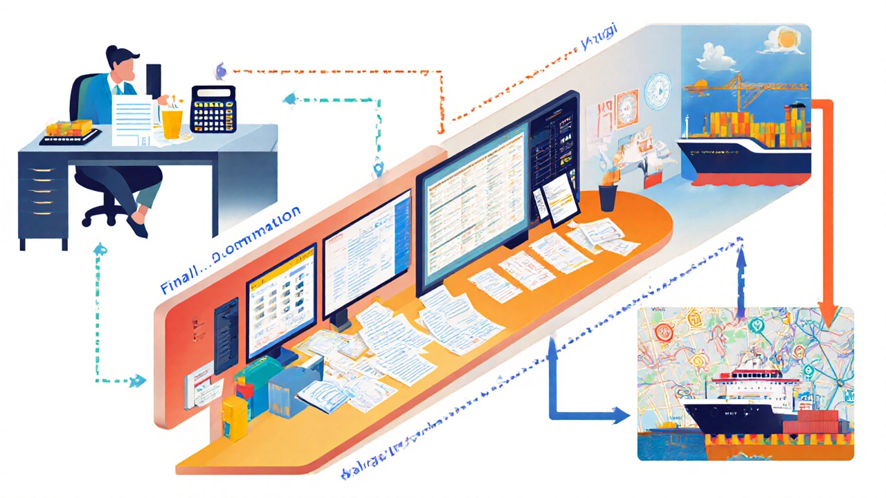Illustrated workflow hallway showing quote, documents, carrier booking, customs, tracking, delivery.