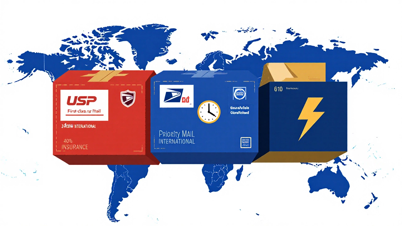 Illustration shows three parcels representing First‑Class, Priority, and Global Express services.