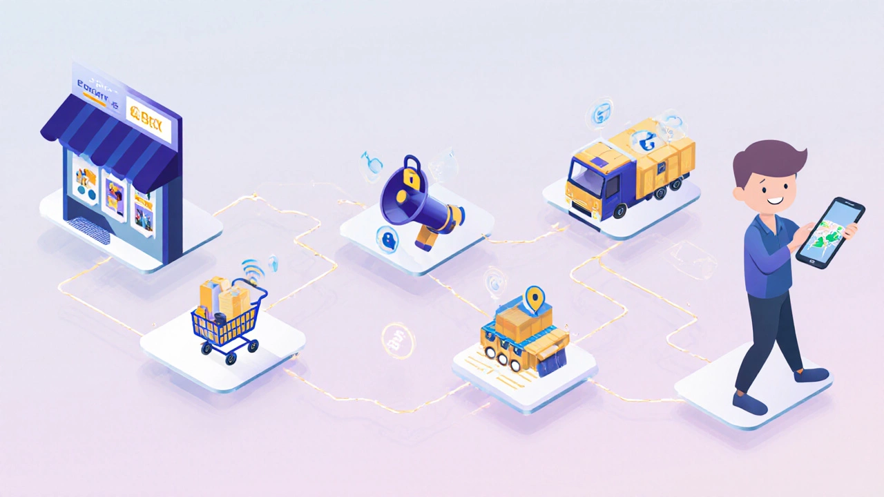 Isometric chain of e‑commerce modules from storefront to customer with connecting lines.