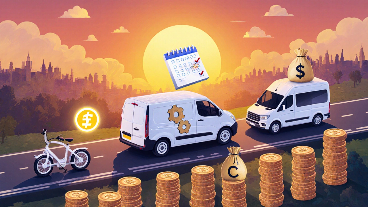 Isometric illustration of bike, van, and fleet paths with profit and compliance symbols.