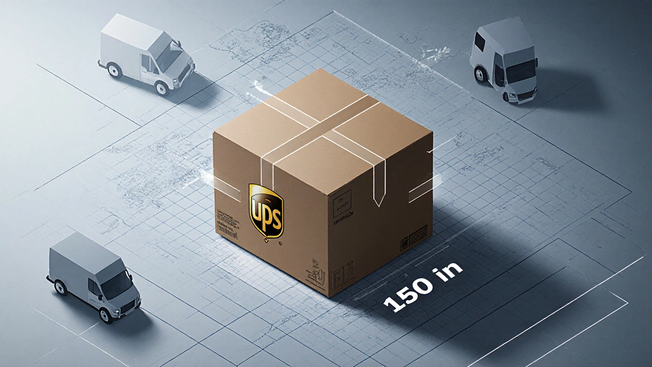 Isometric illustration showing a big UPS parcel with dimension arrows on a grid floor.