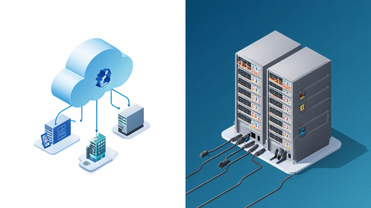 Isometric split-screen showing cloud vs on‑premise WMS integration.