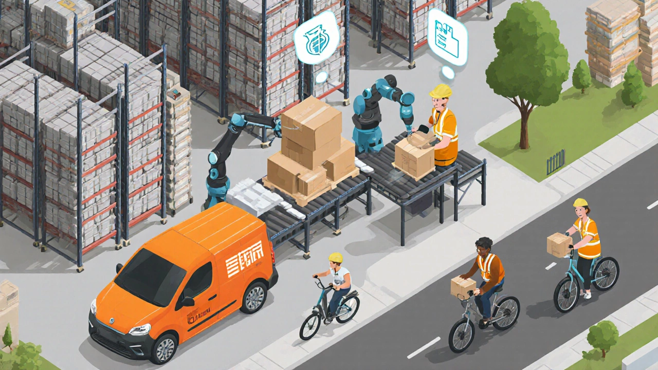 Isometric view of automated warehouse and last‑mile delivery to a customer.