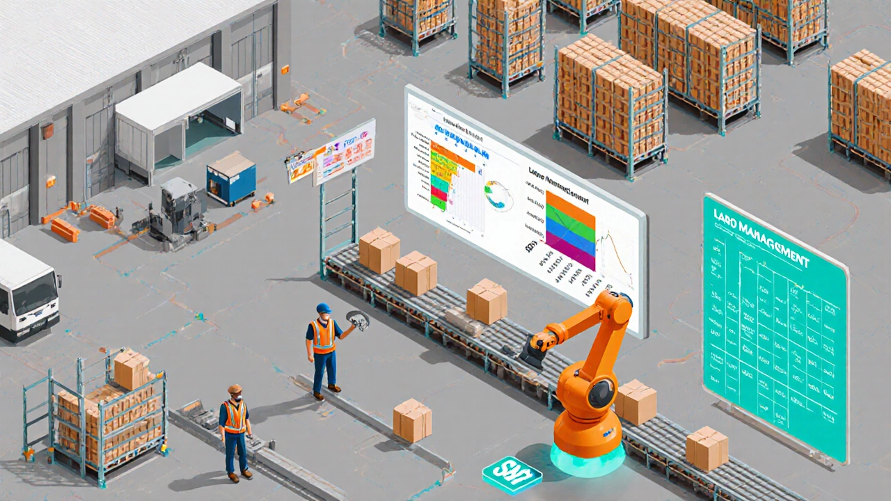 Isometric warehouse showing pickers, robots, dock doors, and SAP data screens.