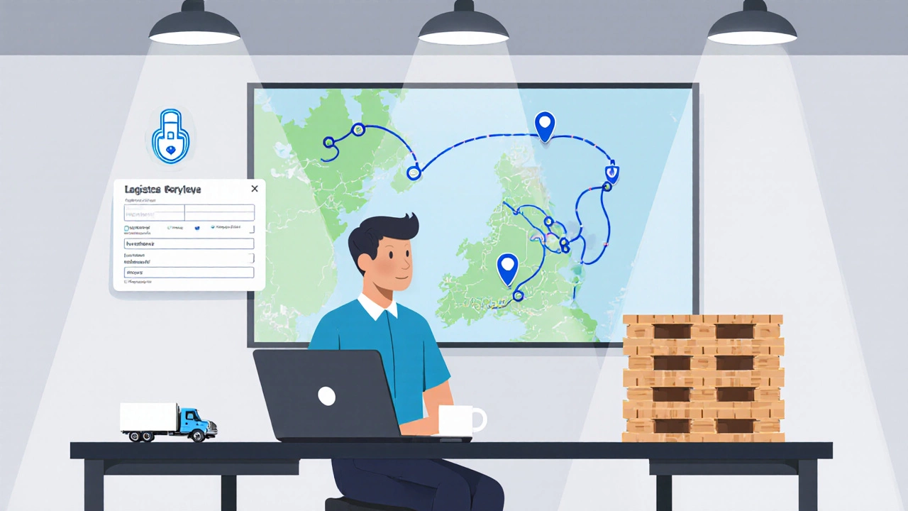 Logistics worker at a desk with pallets, laptop and UK map showing routes.