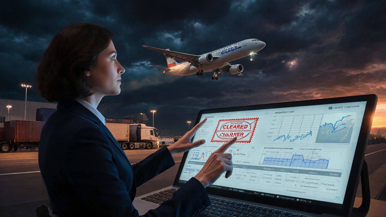 Night scene of forwarder coordinating emergency air charter with cleared customs and departing plane.
