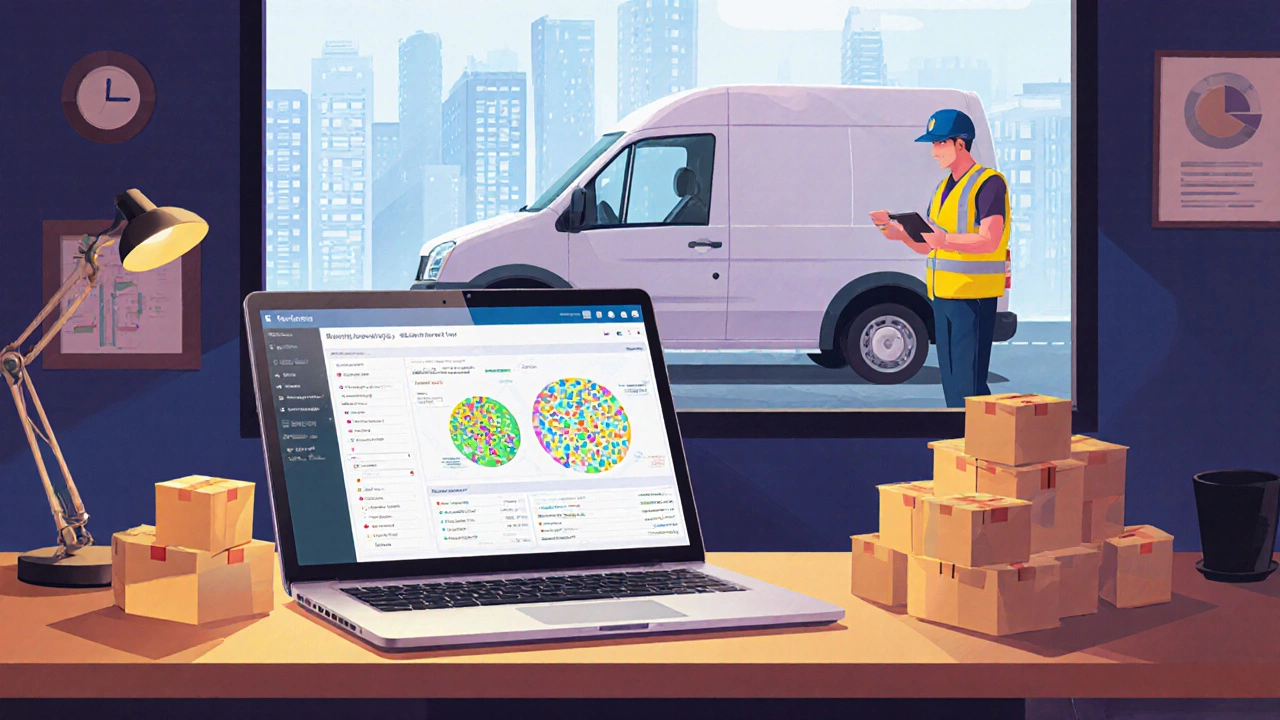 Office with laptop showing routing software, parcels on a desk, and a van parked outside.