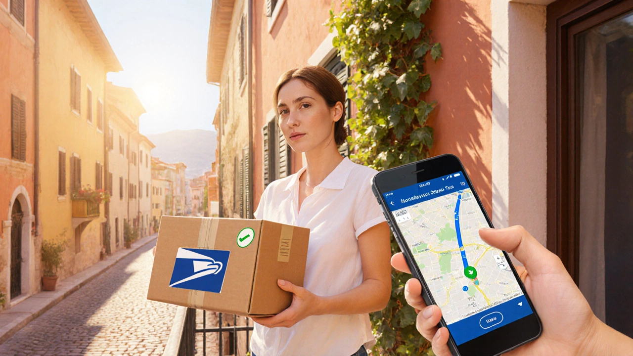 Recipient in Italy opens a USPS package while checking tracking on a phone.