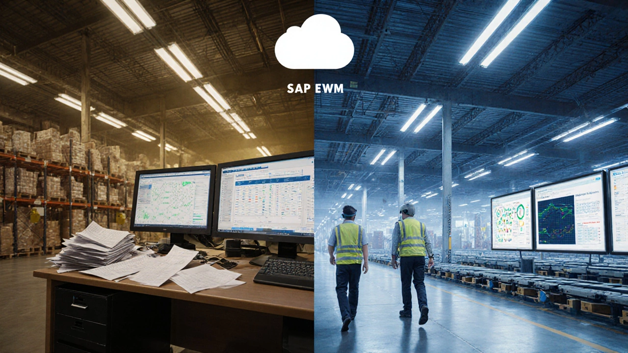 Split scene comparing a paper‑based legacy warehouse with a modern SAP EWM facility.