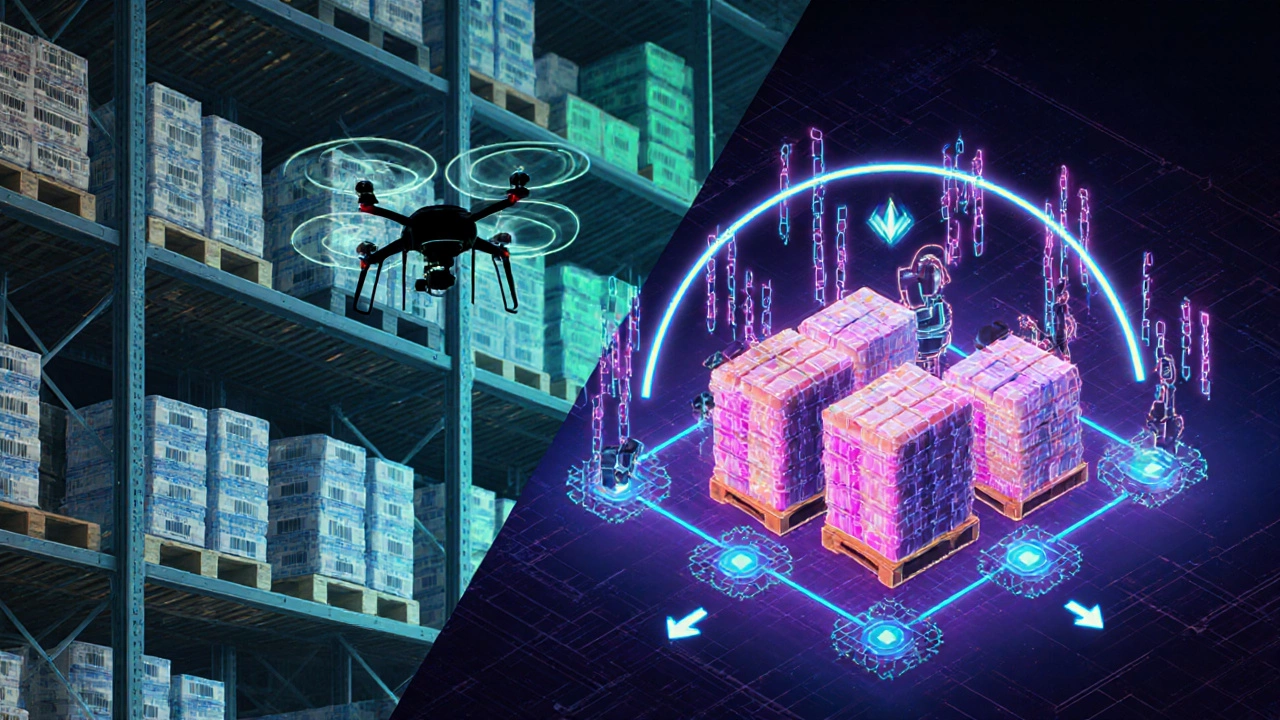Split view of real warehouse with drones and its holographic digital twin linked by blockchain visual.
