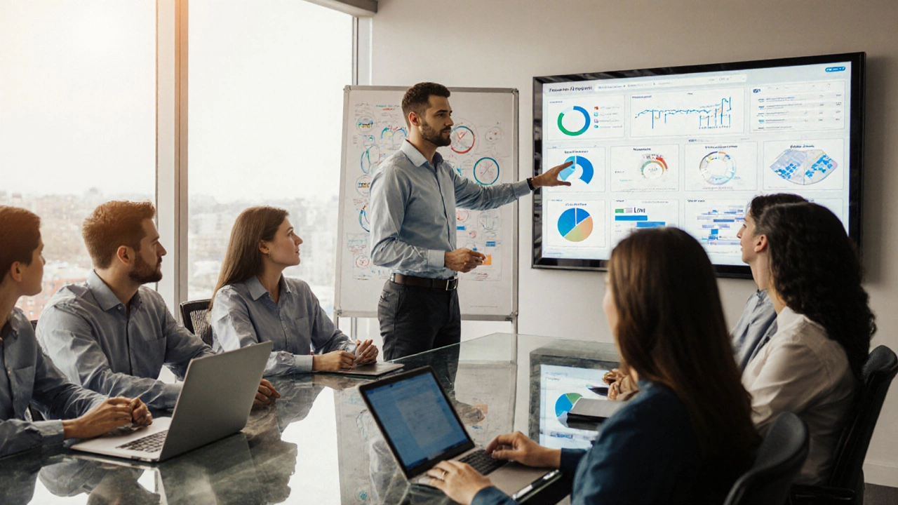 Team meeting with digital dashboard and whiteboard in a conference room.
