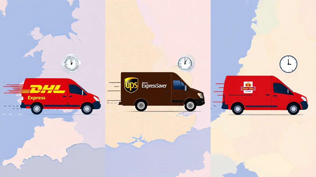 Three courier vans racing across a UK map with morning delivery times.