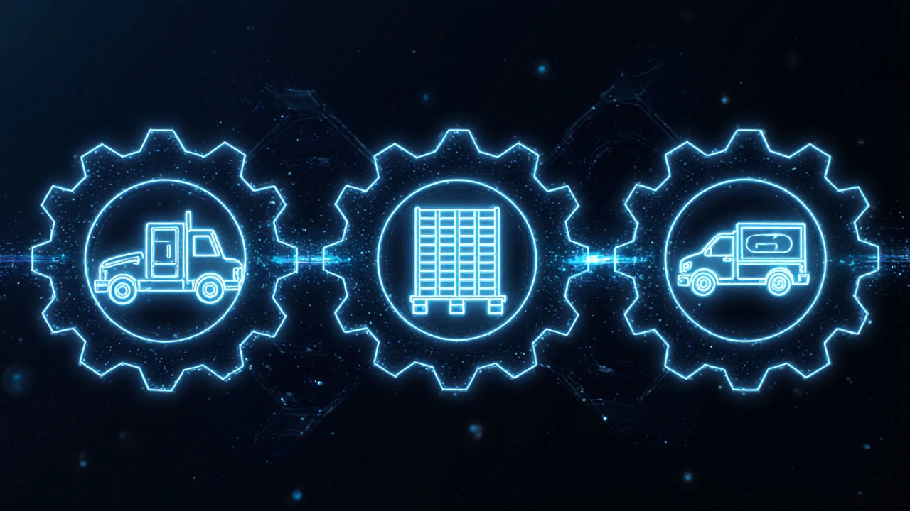 Three interlocking gears with truck, warehouse, and delivery icons linked by glowing data streams.