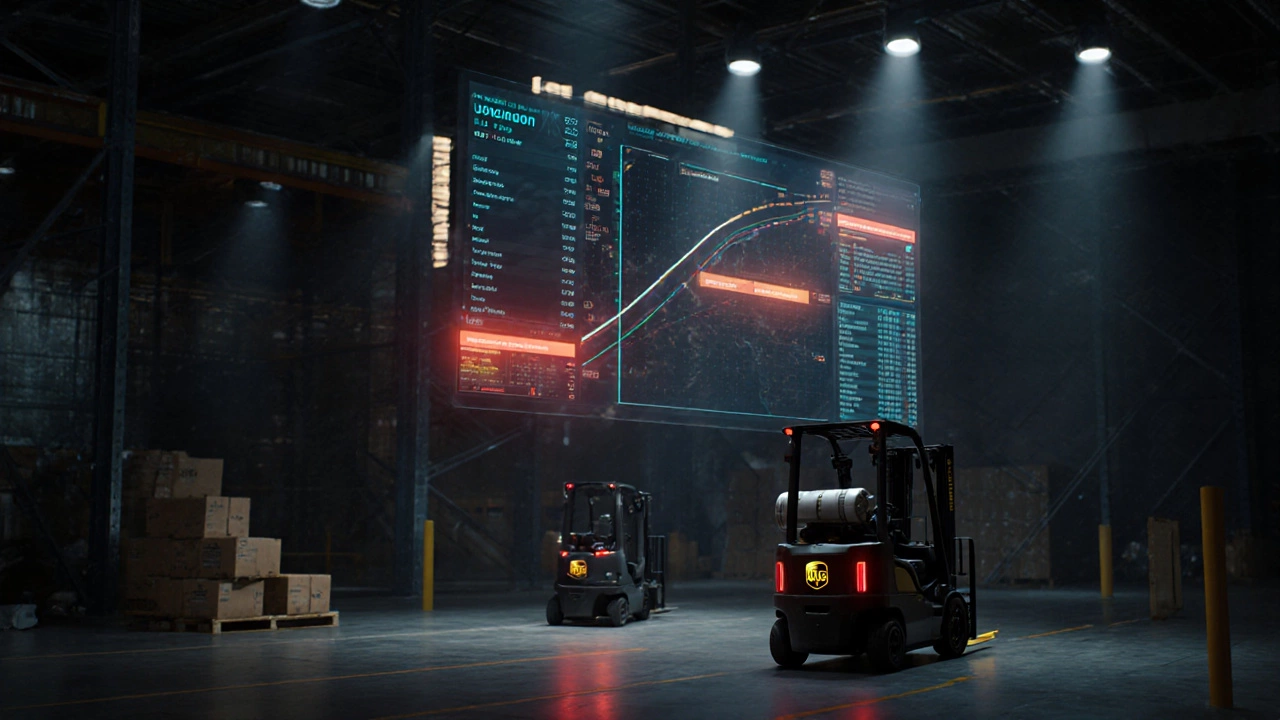 UPS warehouse with holographic route optimization systems guiding autonomous forklifts.