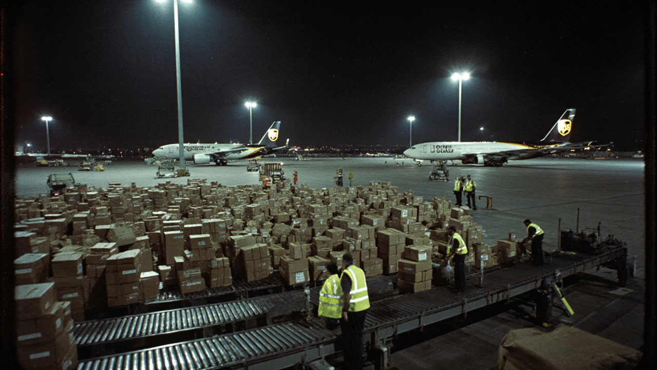 UPS Worldport hub at night, planes and conveyor belts bustling under bright lights.