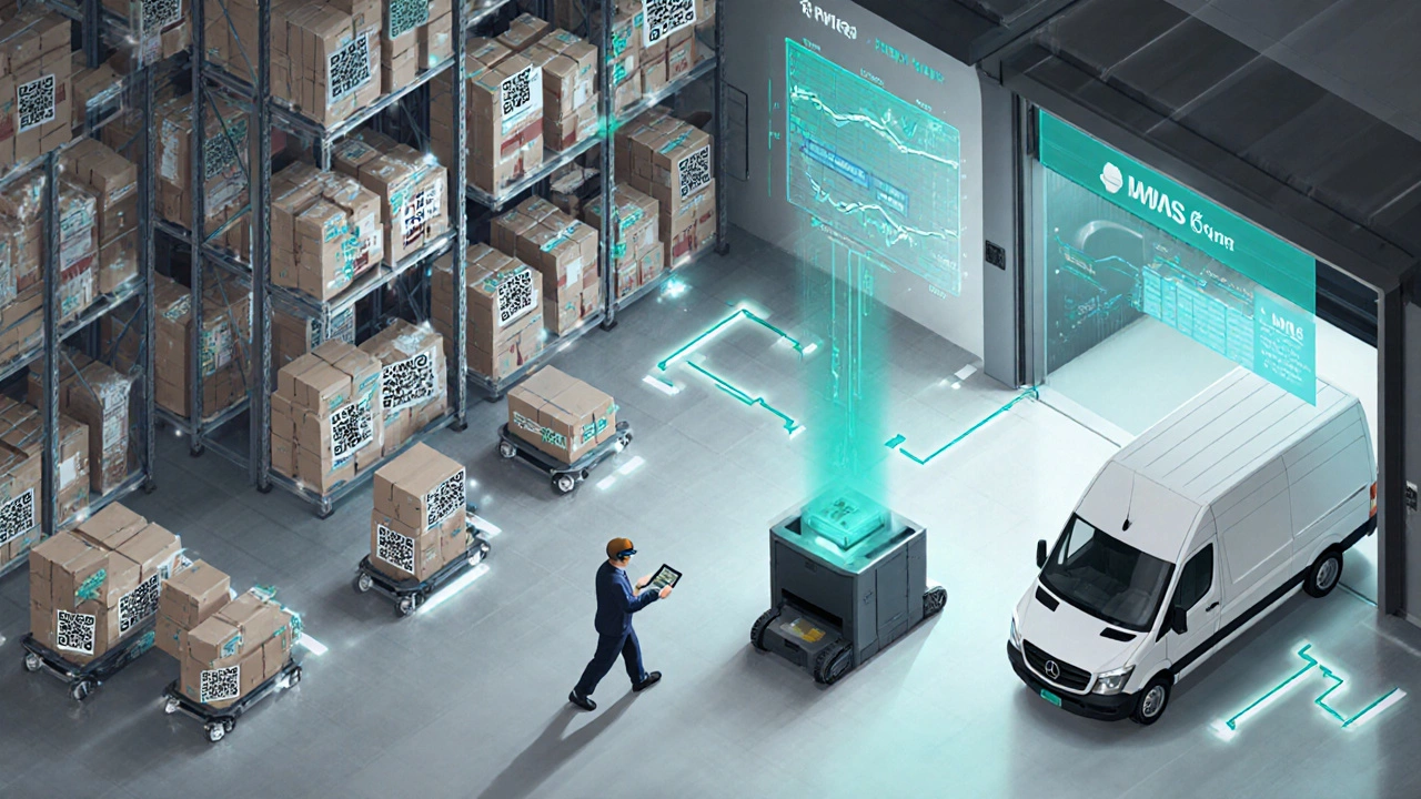 Warehouse staff using tablets as parcels move through automated system.