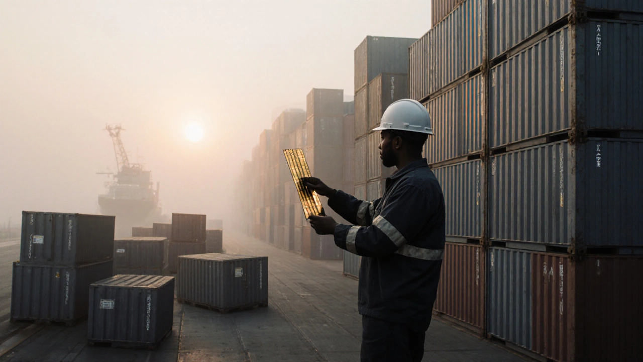 Worker holding a glowing label at a busy port as containers move behind them in the morning fog.