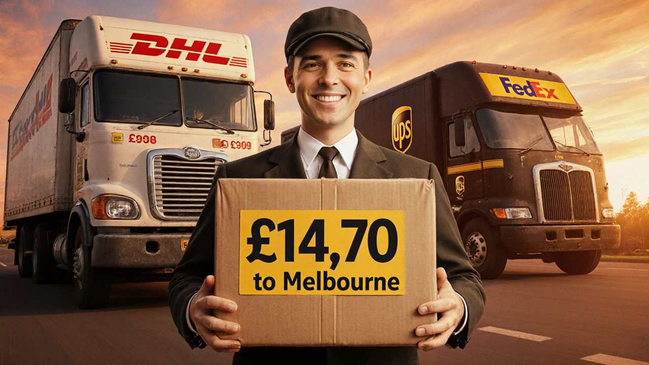 A customer holding a cheap international package while expensive courier trucks tower behind.