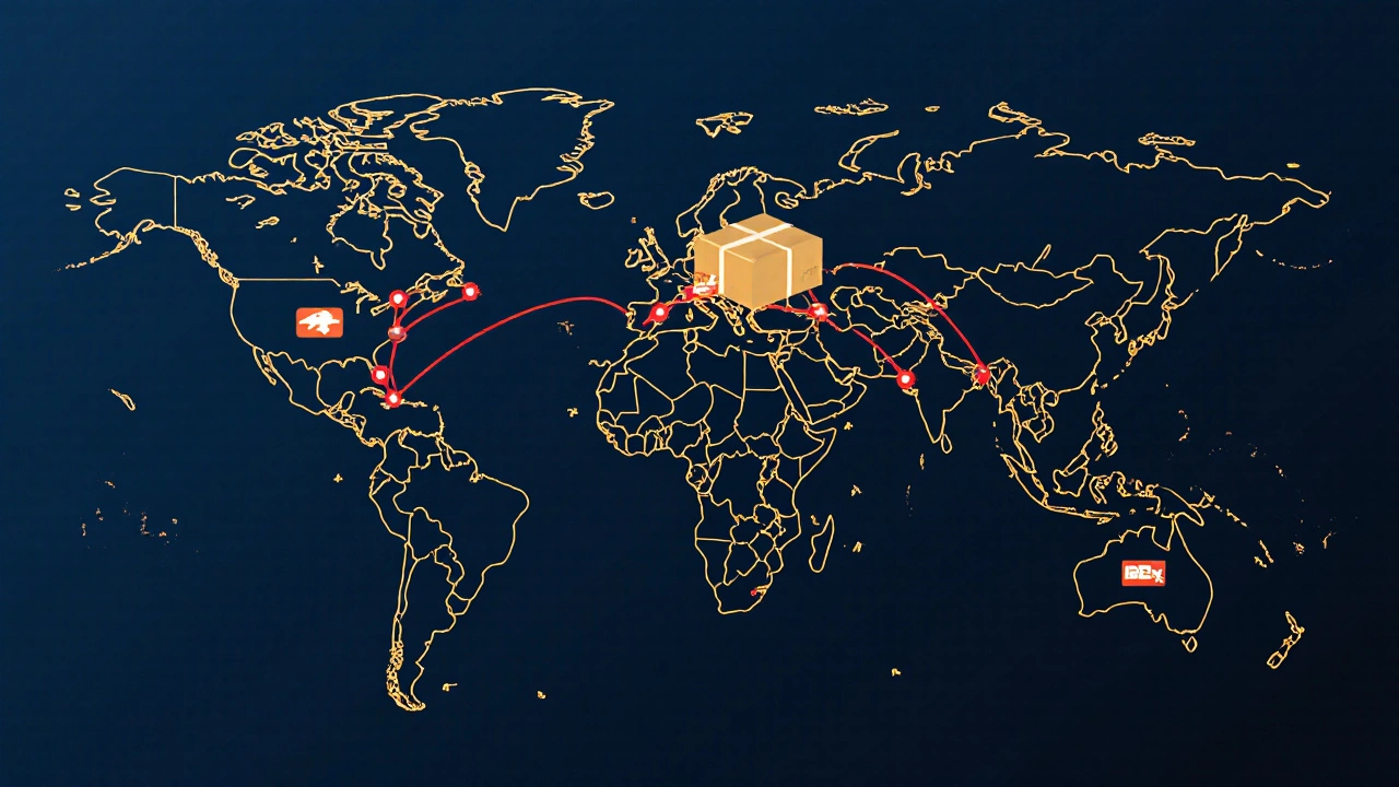 A global shipping route map showing budget and premium delivery paths with glowing lines.