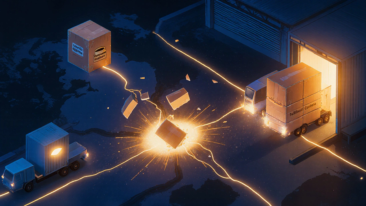 Abstract logistics network showing fragile vs reliable international shipping paths.