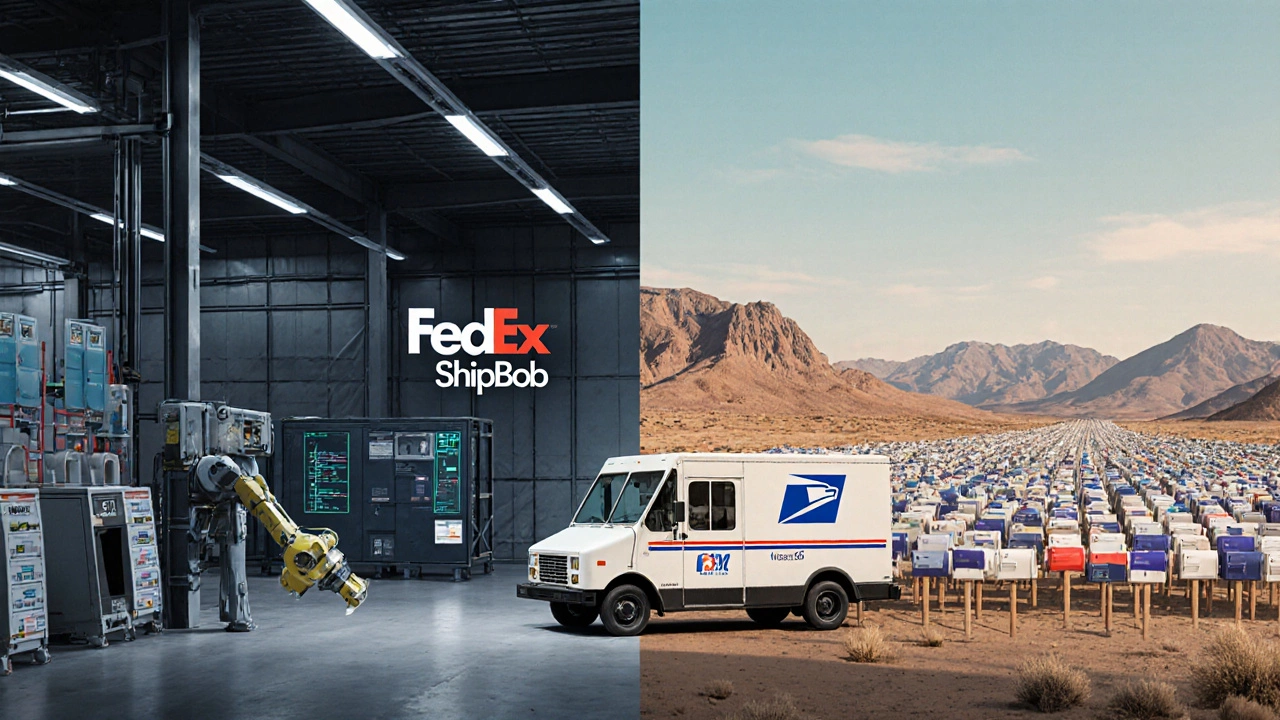Contrasting modern logistics warehouse with USPS delivery network across America.