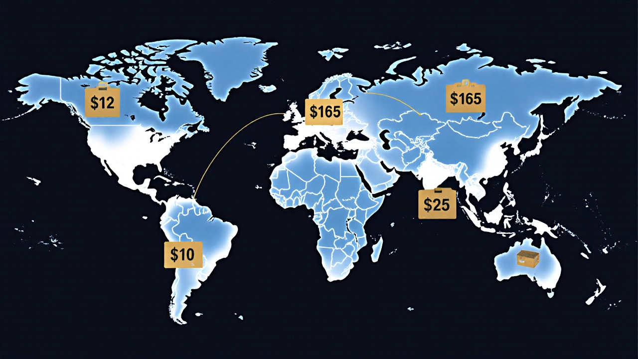 Global map showing shipping routes from US to key countries with price tags.