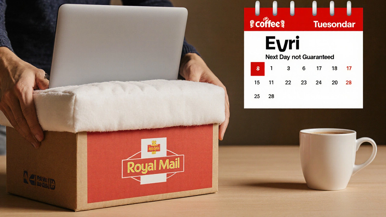 Hand placing a laptop in a premium box next to a budget parcel, with Tuesday highlighted on calendar.