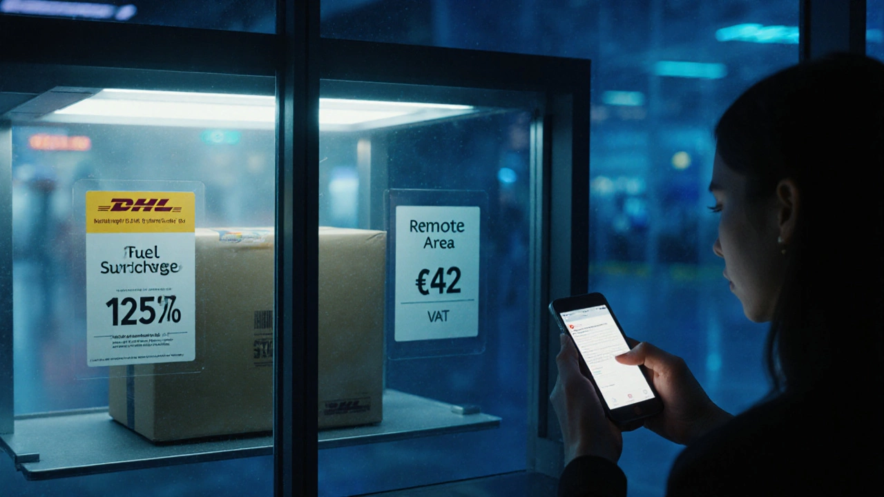 Package caught between customs scanner and warehouse with hidden fee labels floating nearby.