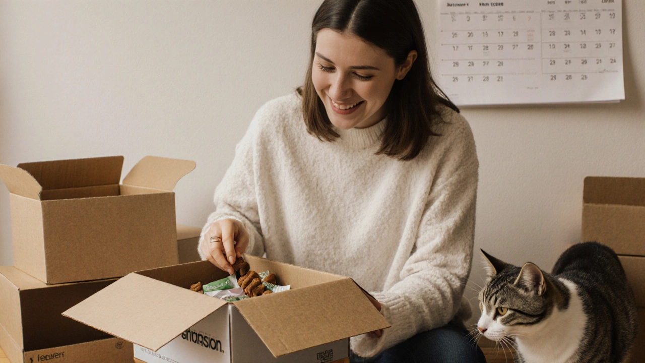 Person opening a subscription box of dog treats in a cozy apartment with recurring delivery calendar.