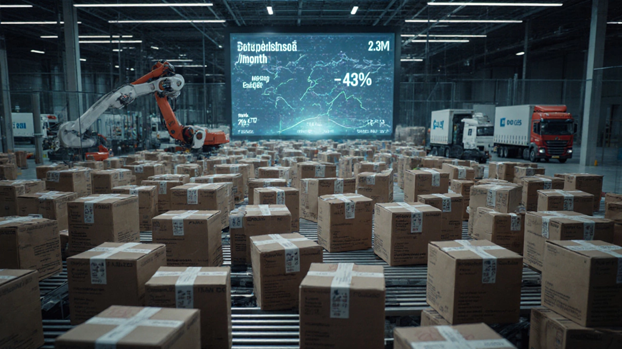 Robotic sorting system handling international parcels with live savings data displayed on a digital dashboard.