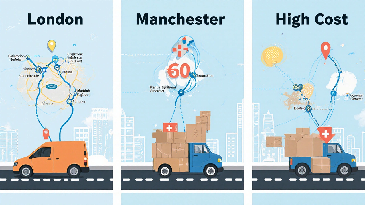 Side-by-side delivery routes showing how distance and parcel size affect shipping costs in the UK.